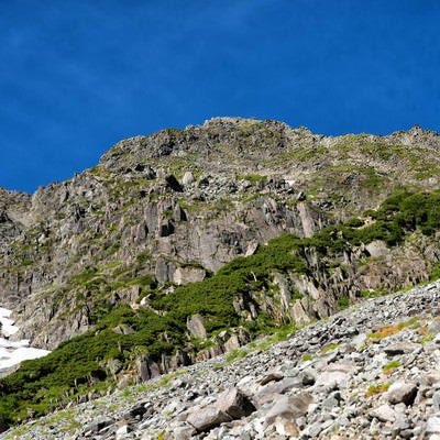 奥穂高岳に立ちはだかる岩壁の写真