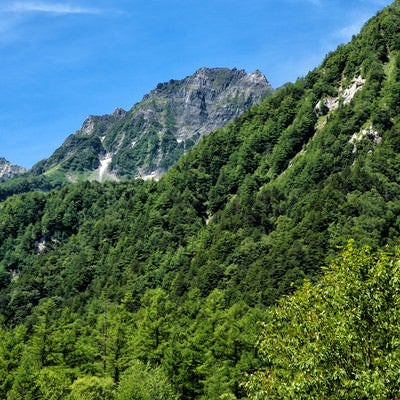 登山道から見える明神岳の岩壁の写真