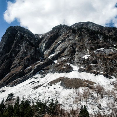 残雪期の屏風岩の写真