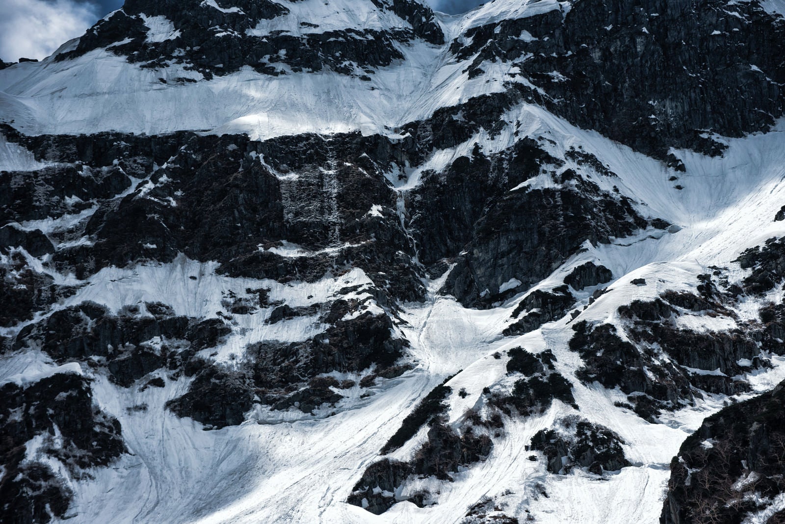 「雪崩発生地帯の岩尾根（奥穂高岳東稜）」の写真