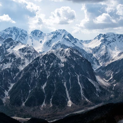 蝶ヶ岳から見下ろす巨大な屏風岩（飛騨山脈）の写真