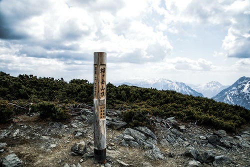 蝶ヶ岳山頂の標識（飛騨山脈）の写真