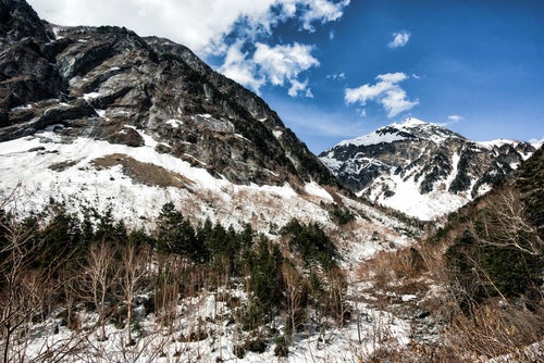 屏風岩と残雪の北穂高岳（北アルプス）の写真