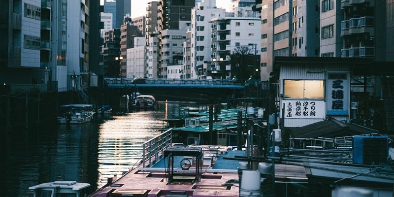田川と釣り船と屋形船の写真