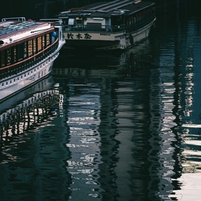 神田川に反射する屋形船の写真