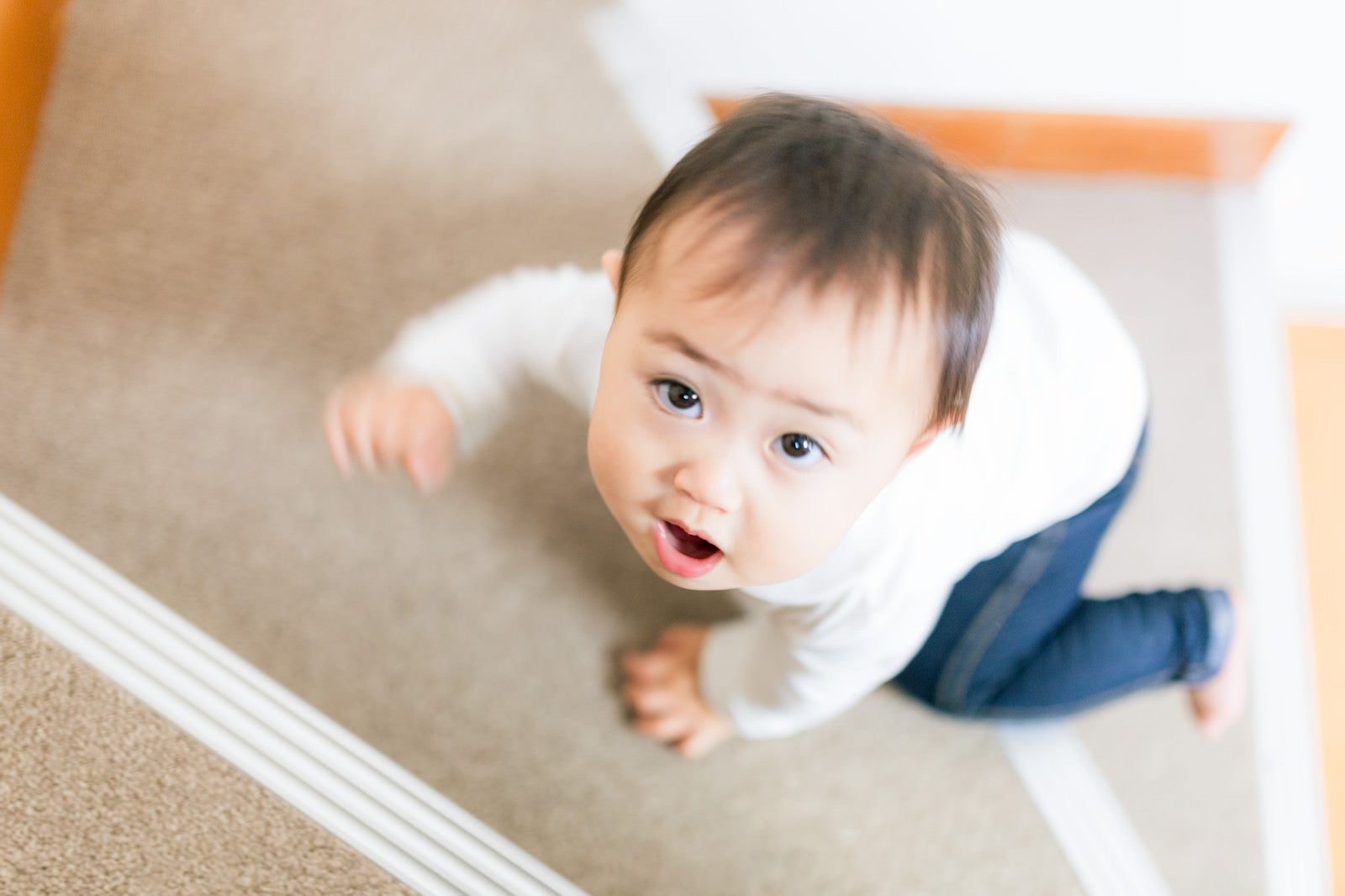 「いつの間にかハイハイで階段をのぼれるようになった赤ちゃん」の写真［モデル：Lisa］