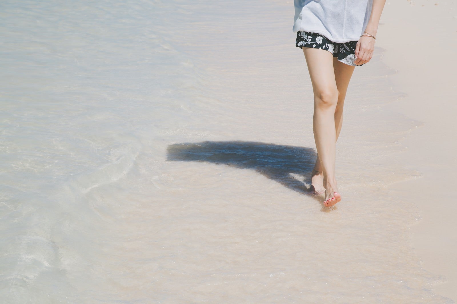 「日傘をさして砂浜を歩く女性の足元」の写真
