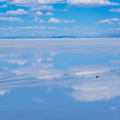 天空の鏡と呼ばれる雨季のウユニ塩湖を横断する車の写真