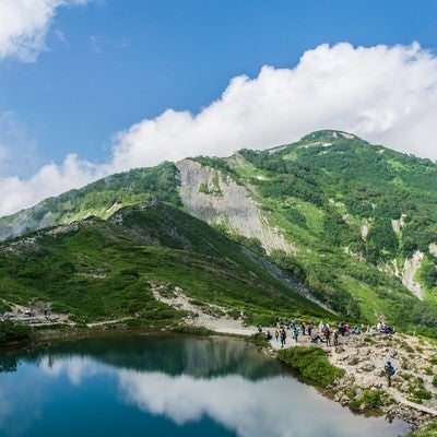湖畔に映る景色と登山者の写真