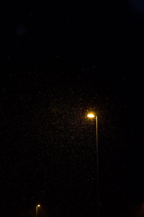 オレンジの街灯と映しだされた雪の写真