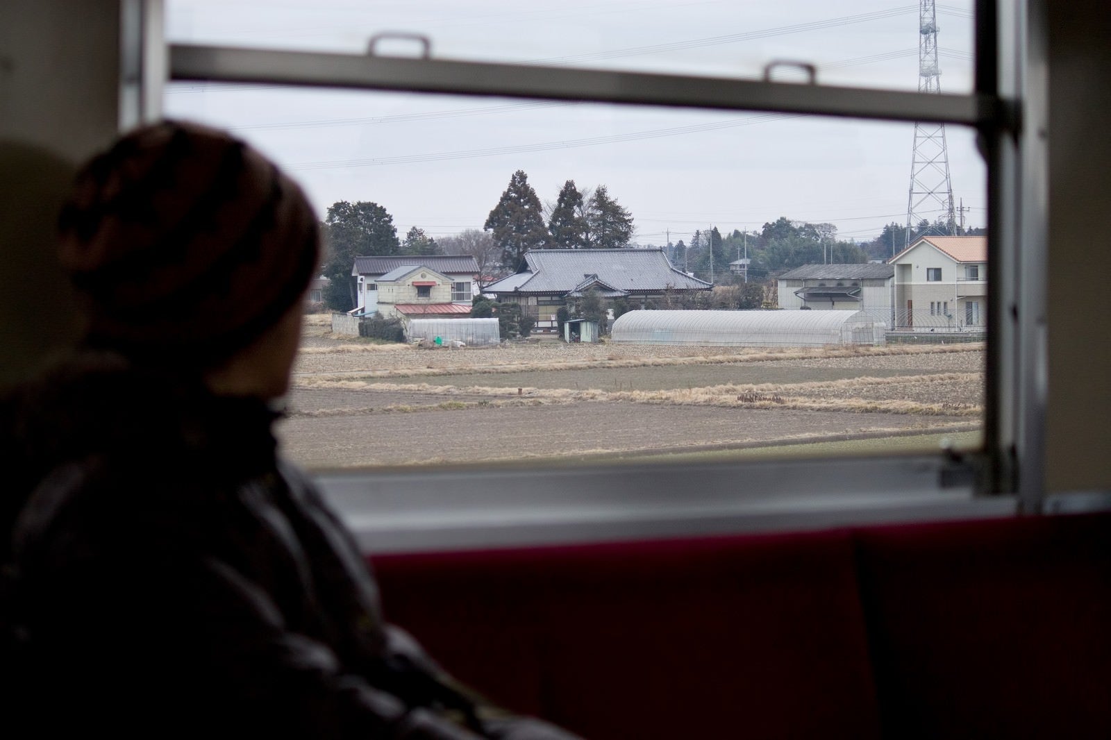 「電車で田舎に帰省する人」の写真