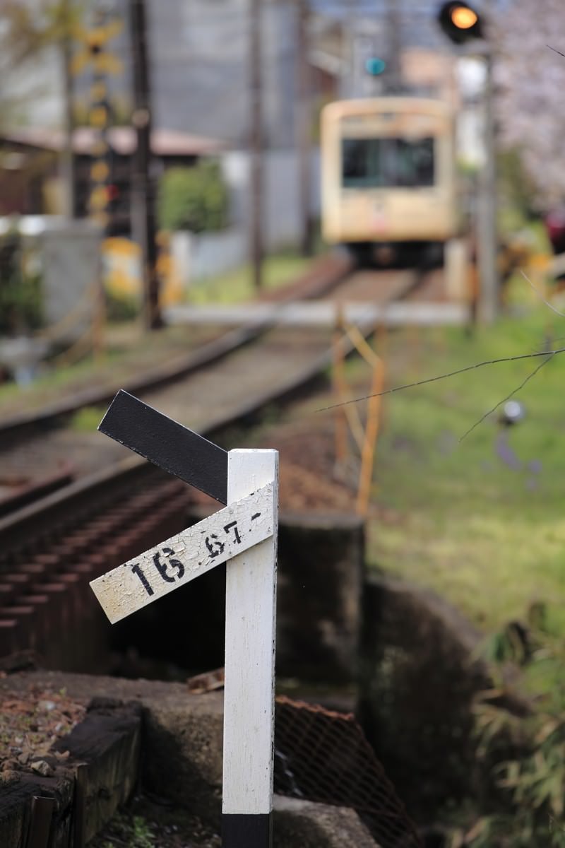 「遠くに見える電車と標識」の写真