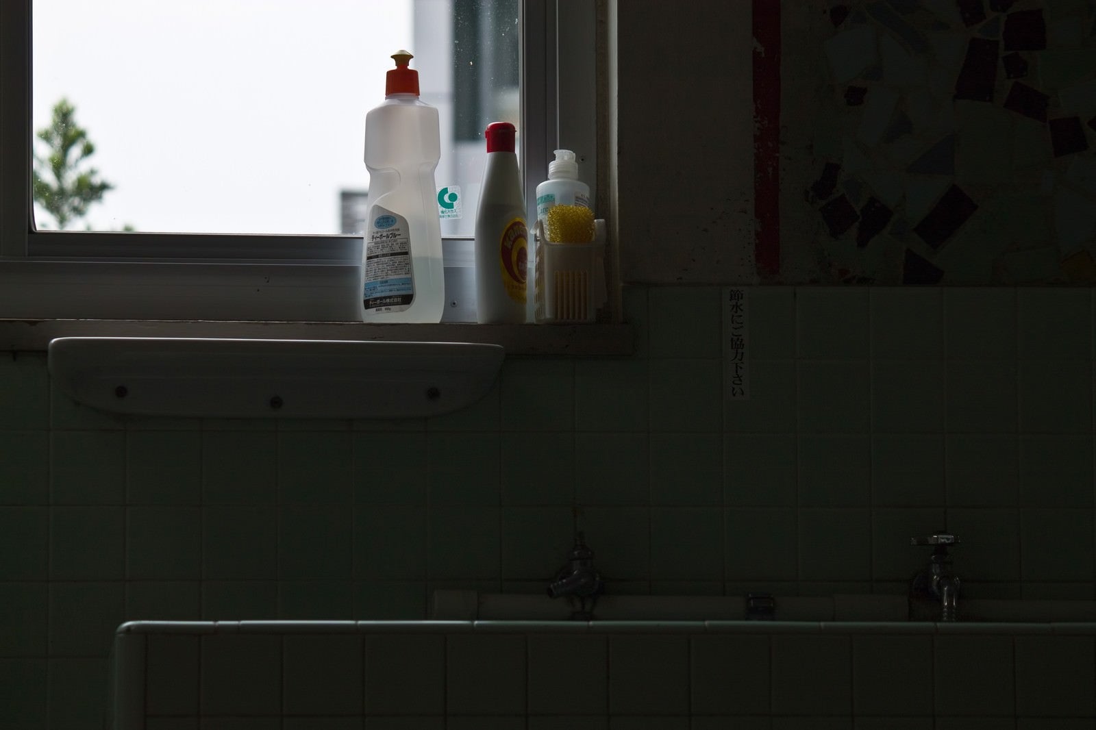 「窓際に並ぶ洗剤とタイルの蛇口」の写真