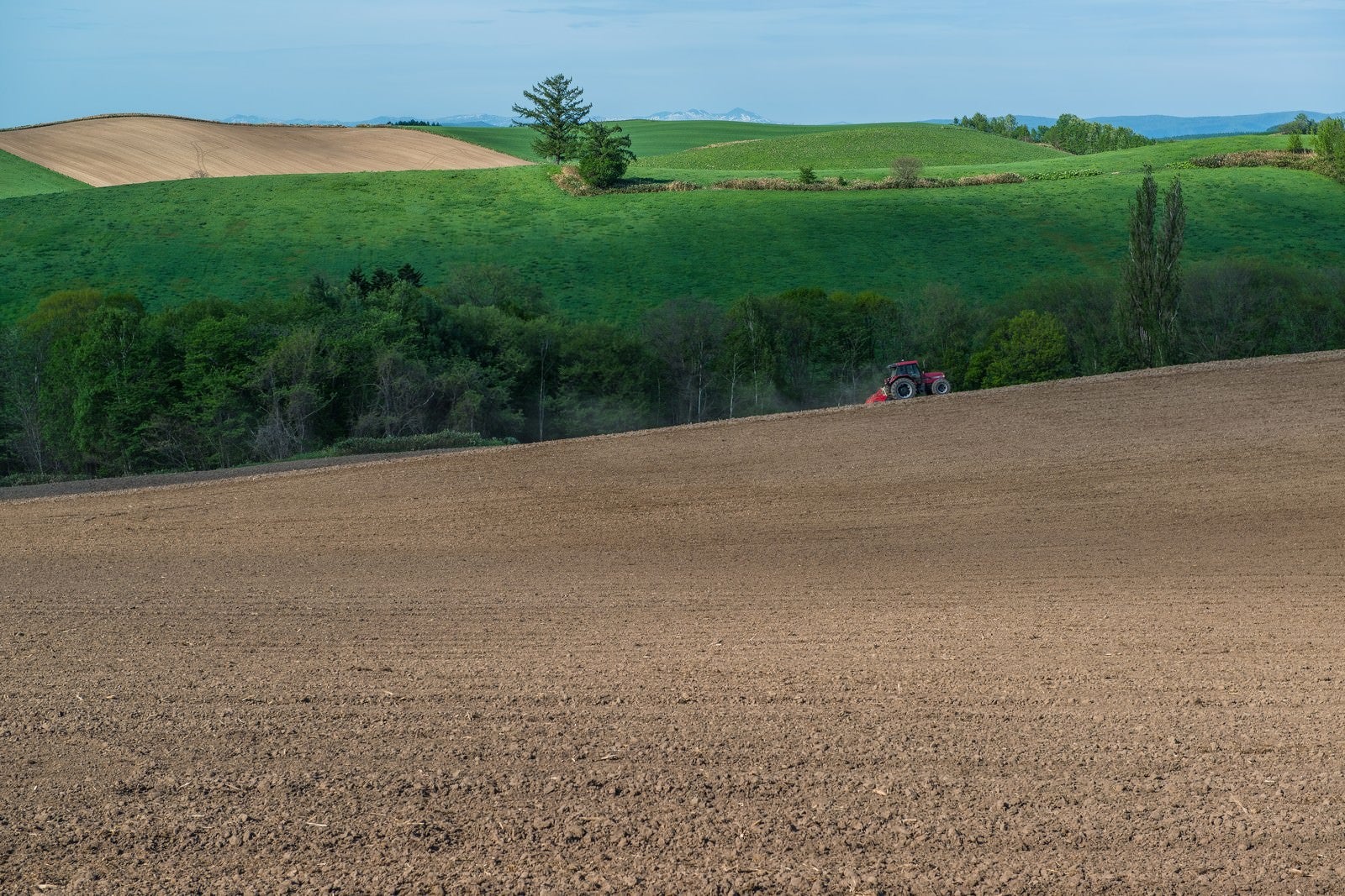 「緑と美瑛の丘、耕す農家」の写真