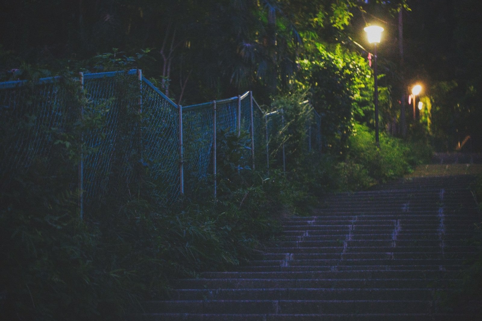 「暗い階段と街灯」の写真