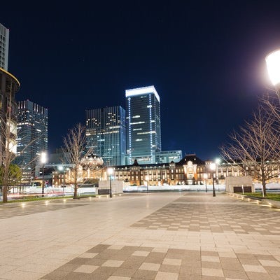 夜の東京駅前と街灯の写真