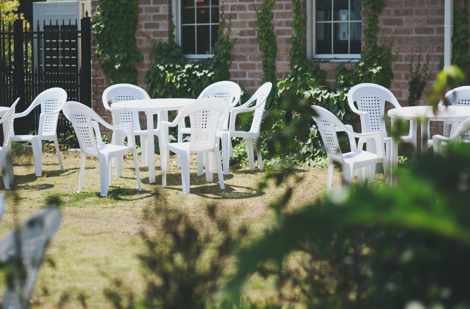 「中庭の白いベンチ」の写真