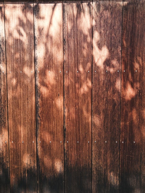 木漏れ日の影と木目調の壁（テクスチャー）の写真