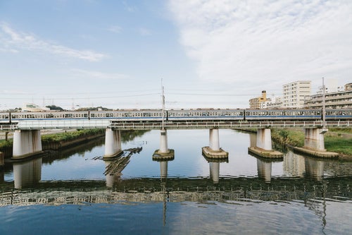 鶴見川と東横線（大綱橋）の写真