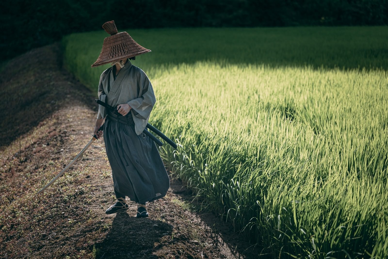 「田んぼの脇で日本刀を構える侍」の写真［モデル：まーこ］