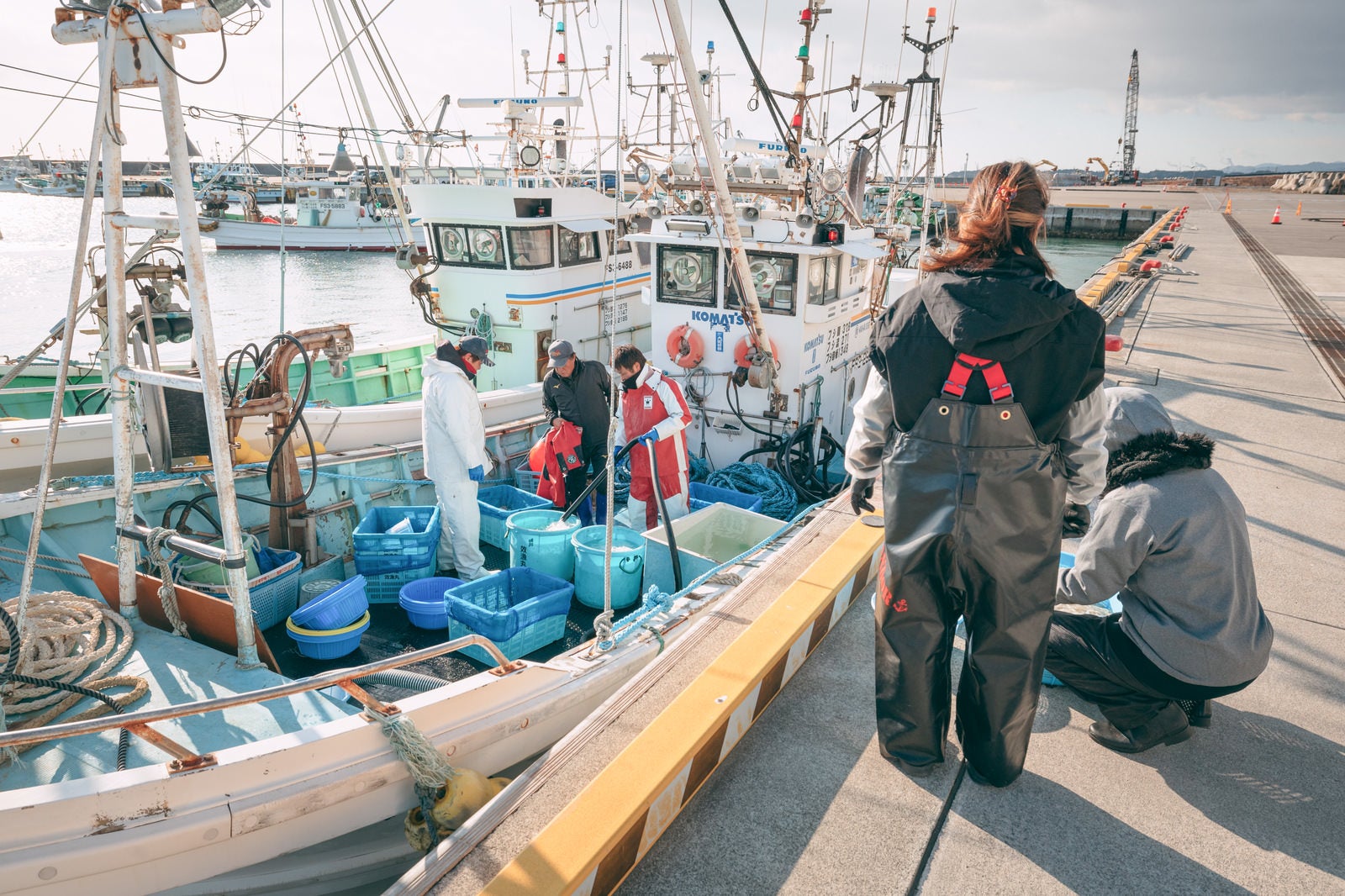 「請戸漁港で水揚げ中の漁師」の写真