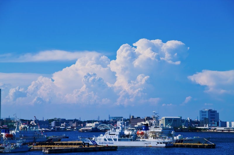 大きな入道雲と港の写真