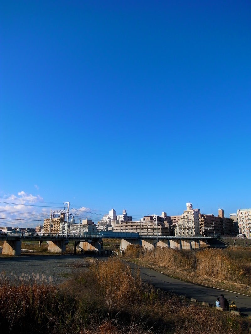 「河川敷の街並みと青空」の写真