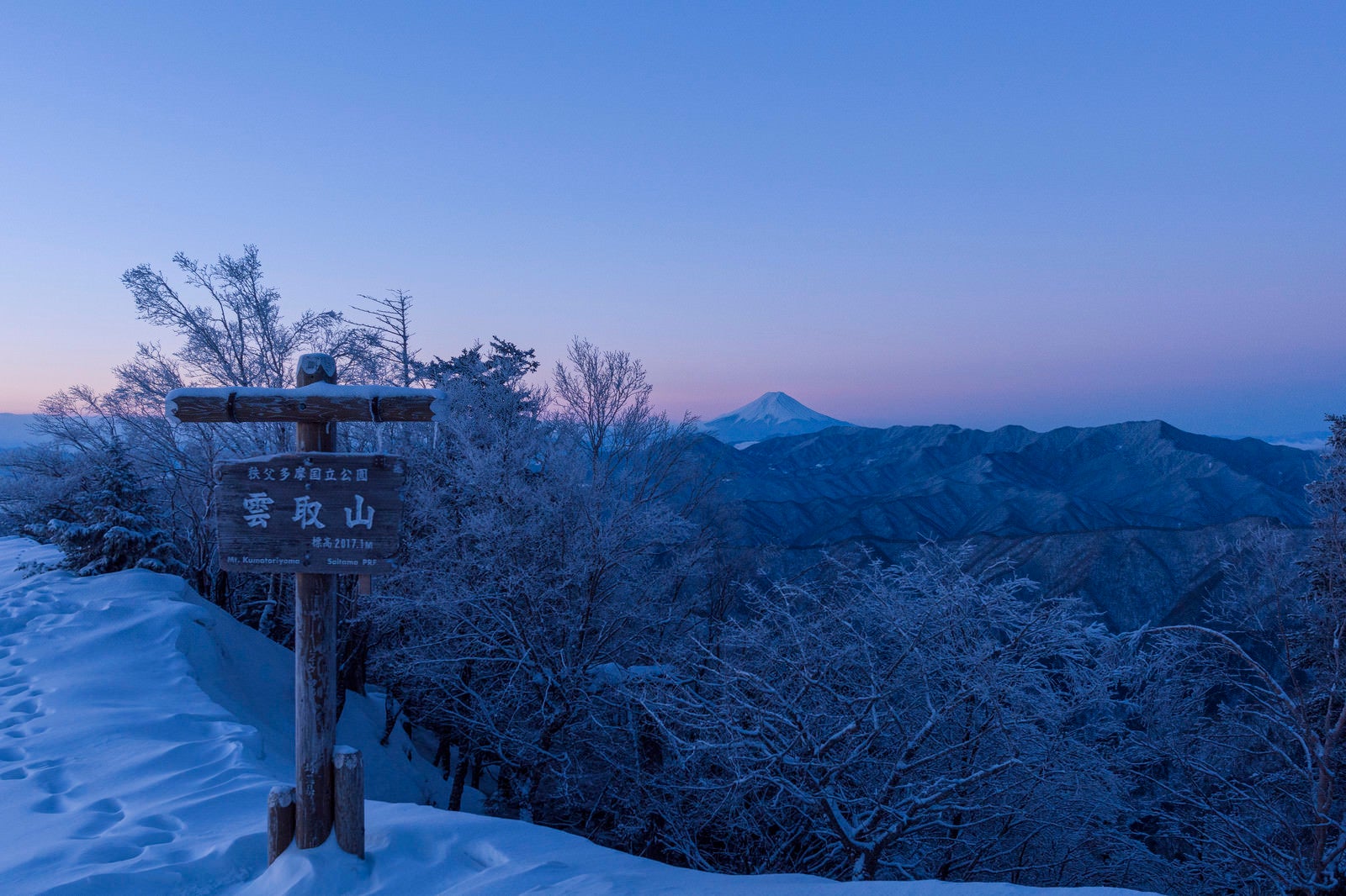 「夜明けの雲取山山頂標と富士山」の写真