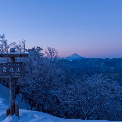 夜明けの雲取山山頂標と富士山の写真
