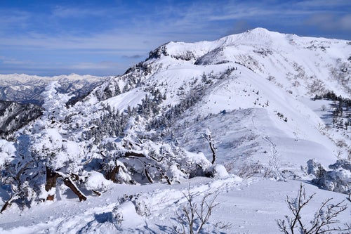 雪化粧した上州武尊山と足跡の写真