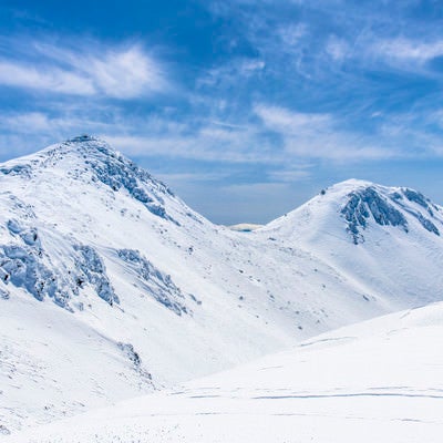 真冬の乗鞍岳稜線を歩くの写真