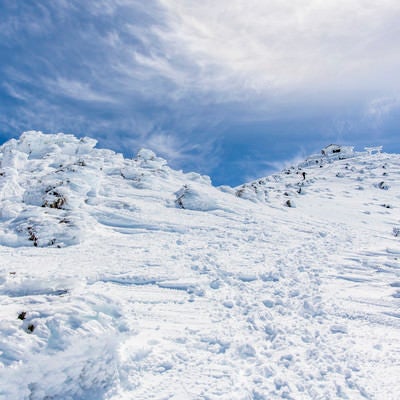 風雪で発達したエビの尻尾と乗鞍岳山頂の写真