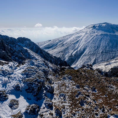 吹き付ける雪の痕跡と那須茶臼岳（ちゃうすだけ）の写真
