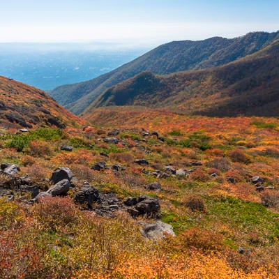 地平線へ吸い込まれていくような那須岳の紅葉の写真