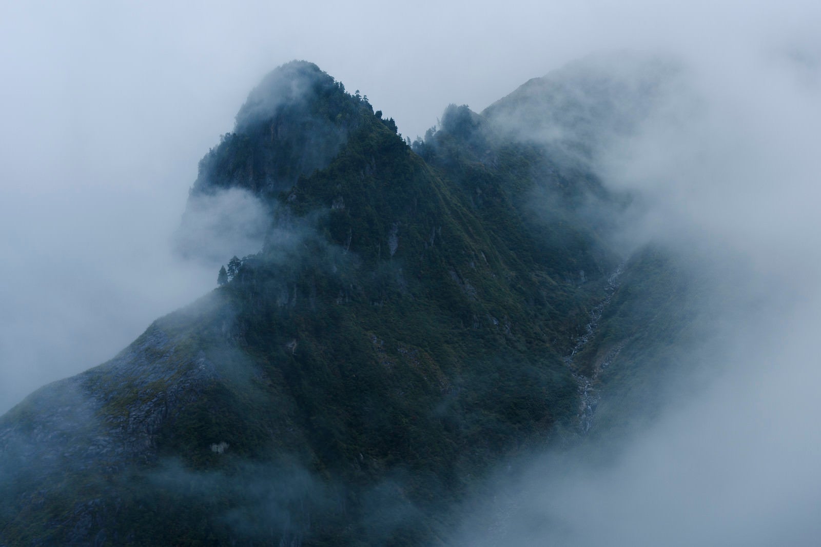 「雲の中から浮かび上がる天狗岩（巻機山）」の写真