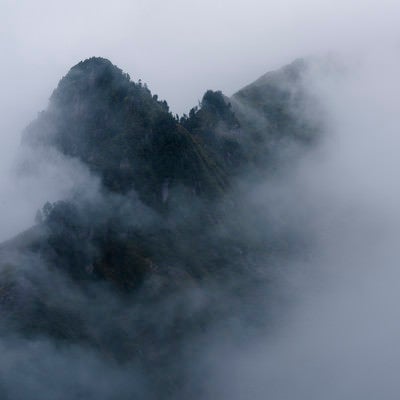 霧に包まれる天狗岩（巻機山）の写真