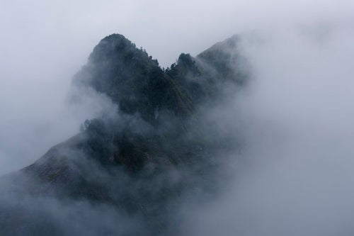 霧に包まれる天狗岩（巻機山）の写真