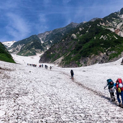 白馬大雪渓を登る登山者（白馬岳）の写真
