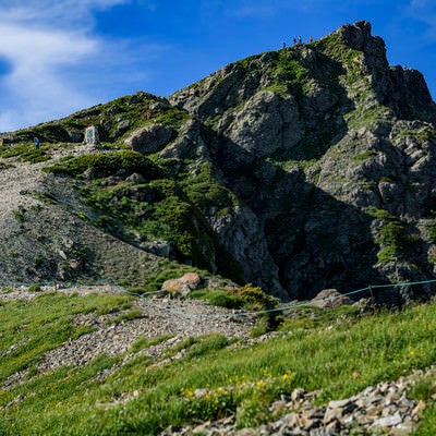白馬岳山頂と登山者の写真