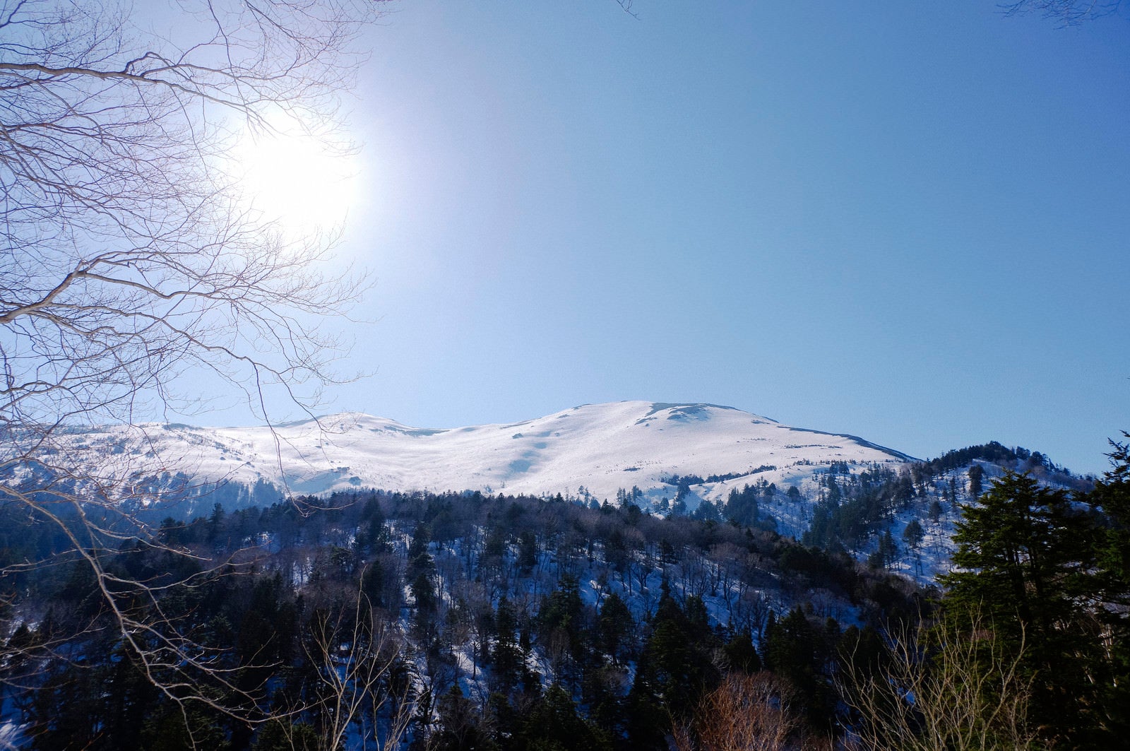 「午後の日差しに照らされる雪を纏う至仏山（しぶつさん）」の写真