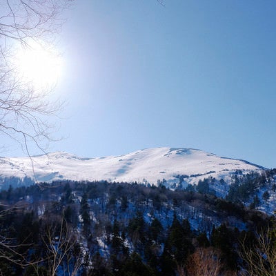 午後の日差しに照らされる雪を纏う至仏山（しぶつさん）の写真