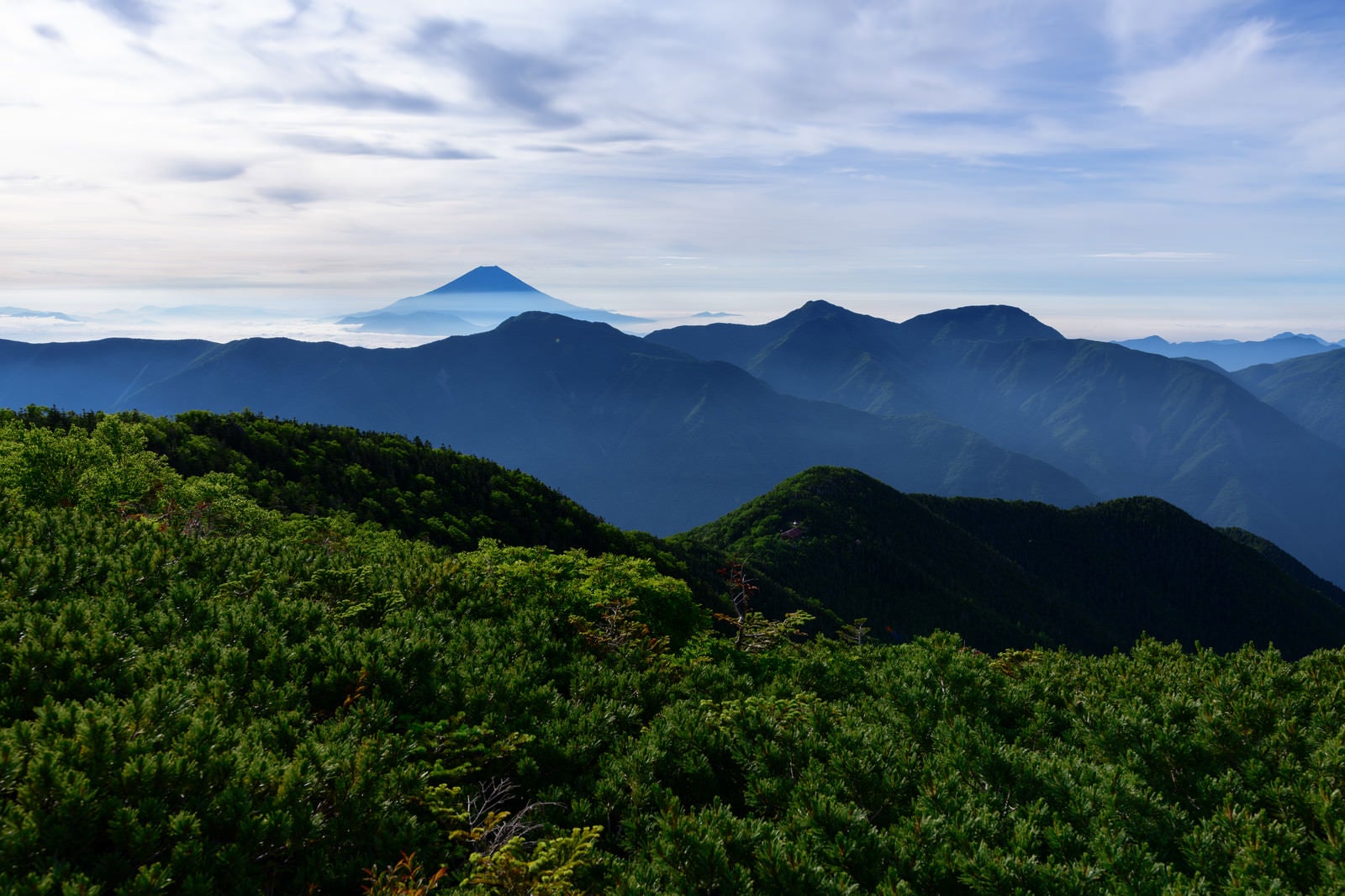 「富士見平から見る山々と富士山（赤石岳）」の写真