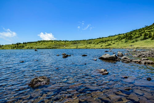 山の上に現れた高層湿原と湖（吾妻連峰）の写真