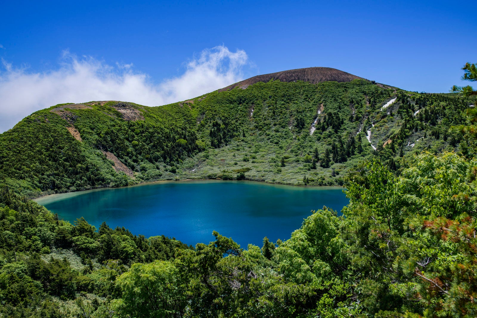 「登山道の茂みから見るカルデラ湖（魔女の瞳）」の写真