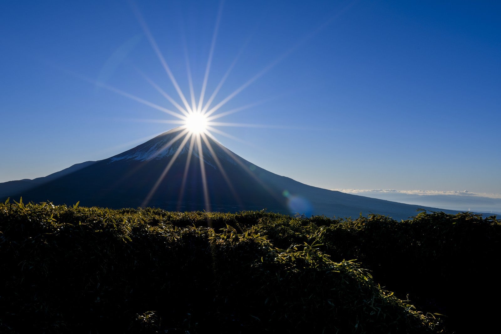 「巨大な光芒と輝く富士（竜ヶ岳）」の写真