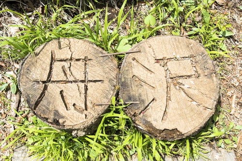 丹沢と彫られた木の杭の写真