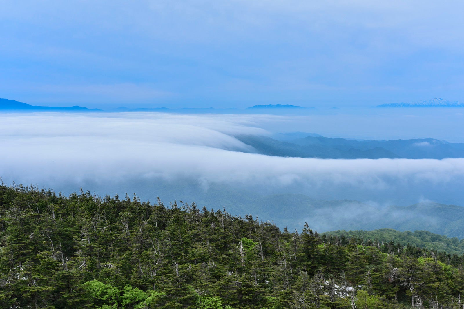 「滝雲と雲海の向こうに浮かぶ山々（蔵王）」の写真