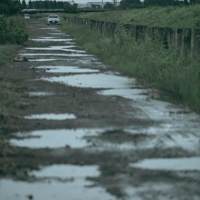 雨に濡れた河川敷の道と営業車の写真
