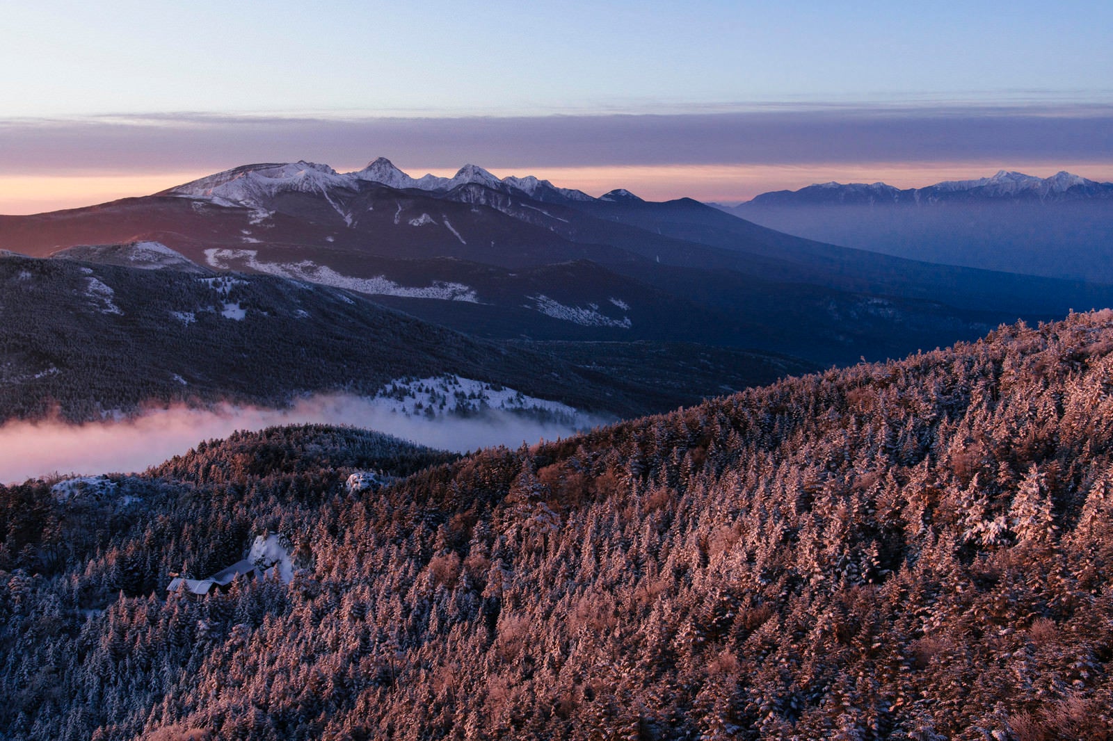 「紫の光に包まれる冬の八ヶ岳」の写真