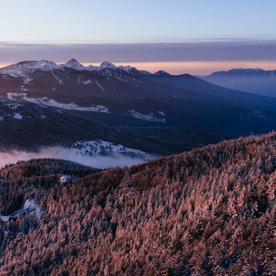 紫の光に包まれる冬の八ヶ岳の写真
